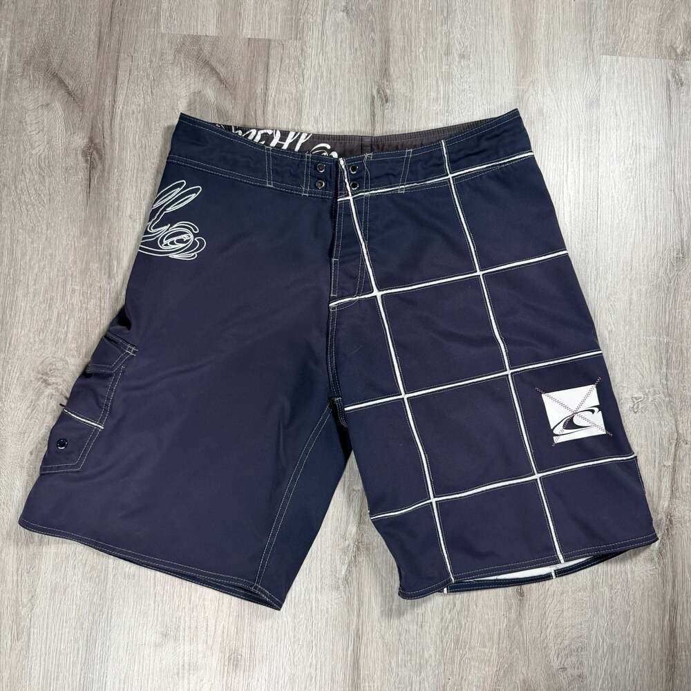 Mens O'Neill Navy and White Windowpane Grid Pattern Surf Board Shorts XL